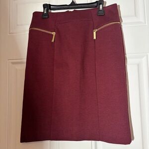 Michael Kors Classic Burgundy Pencil Skirt With Gold Zipper Accents, Size 2
